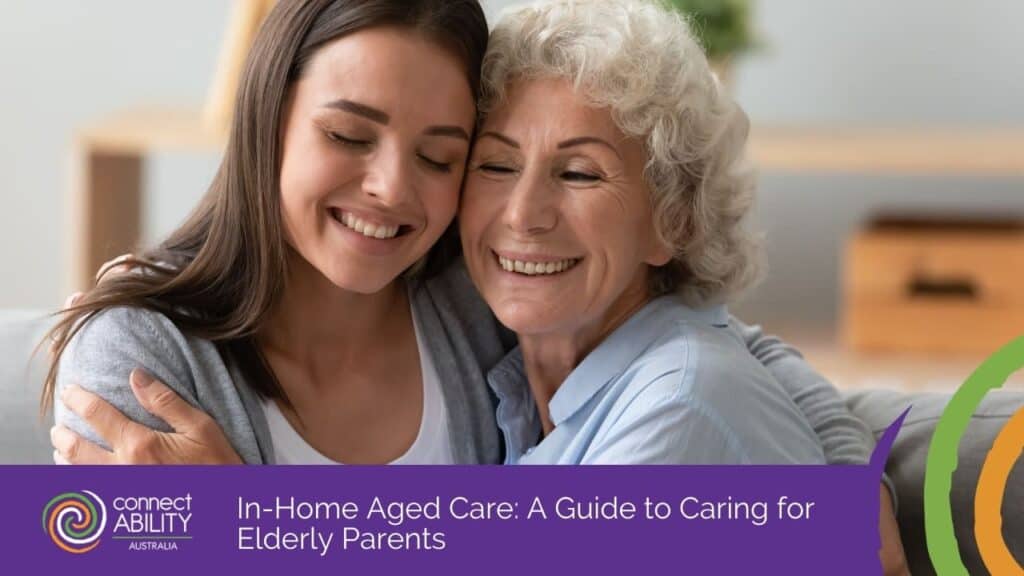 A smiling young woman and an elderly woman sharing a warm hug
