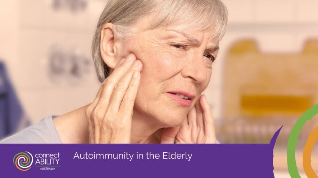 An elderly woman touching her jaw and face with an expression of pain
