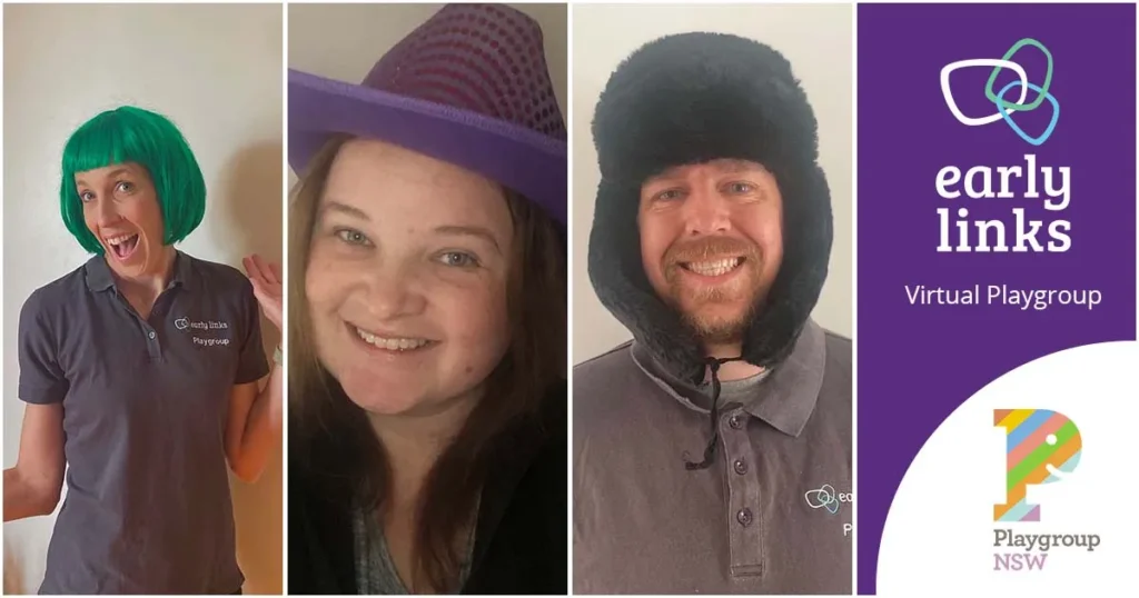 A collage of three smiling people wearing fun headgear