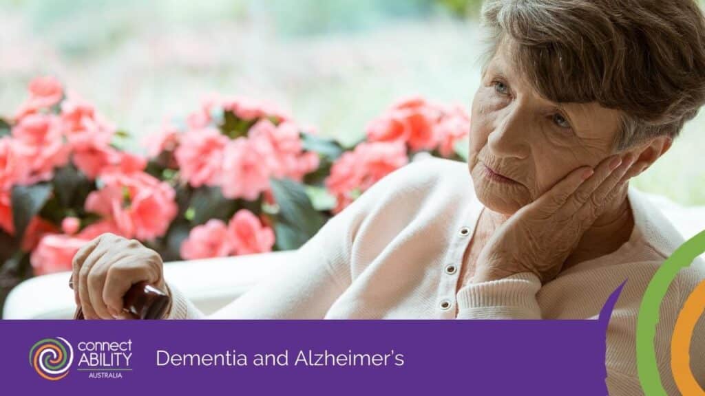 An elderly woman with a pensive expression resting her chin on her hand and holding a cane