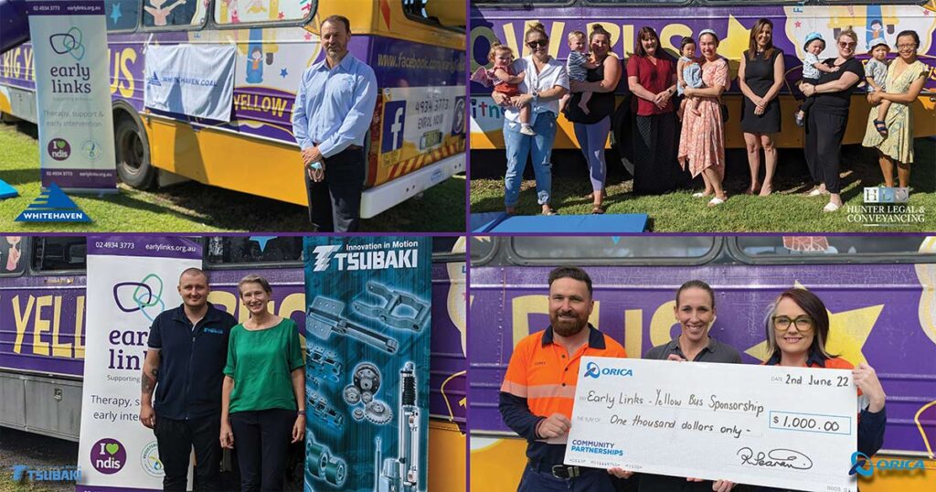 A collage of four photos showing various sponsors and staff standing in front of "The Big Yellow Bus,"