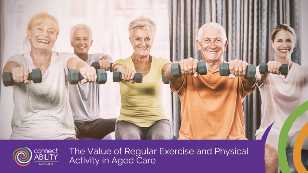 A group of smiling seniors performing dumbbell front raises during a fitness class