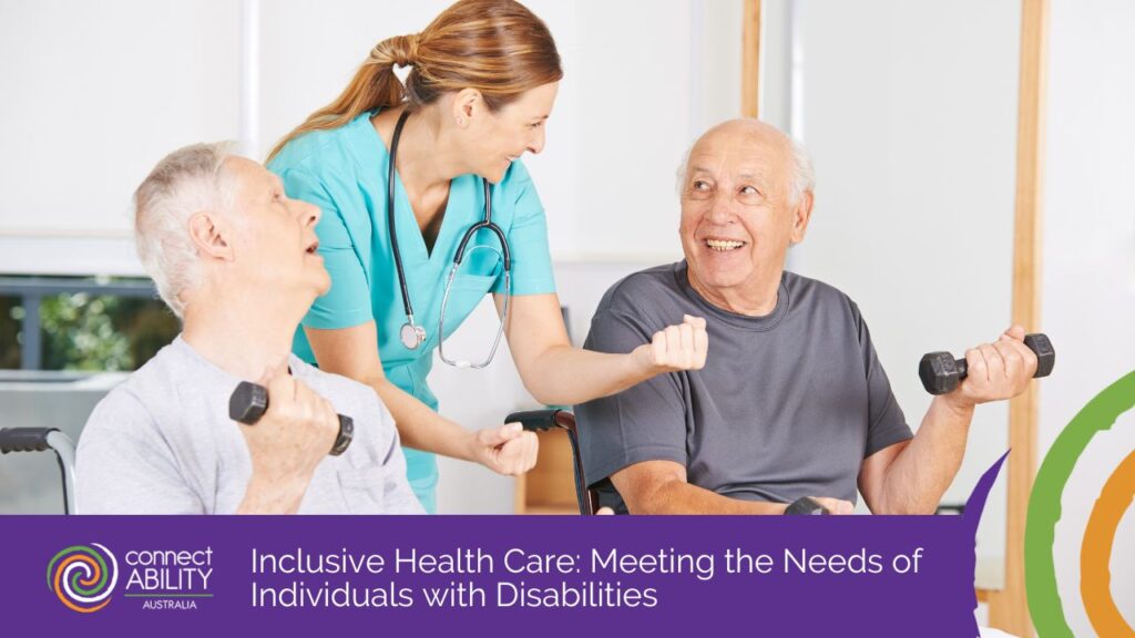 A healthcare worker in teal scrubs assists two senior men in wheelchairs as they exercise with dumbbells.