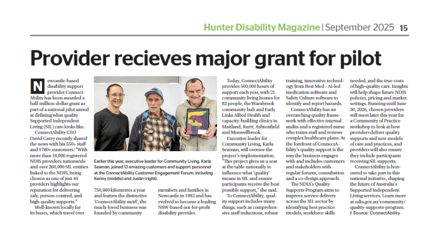 An article from the September 2025 issue of Hunter Disability Magazine titled "Provider receives major grant for pilot."