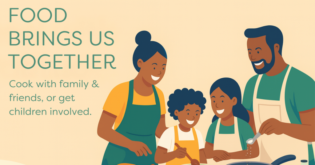 An illustration of a family of four accompanied by the text "FOOD BRINGS US TOGETHER"